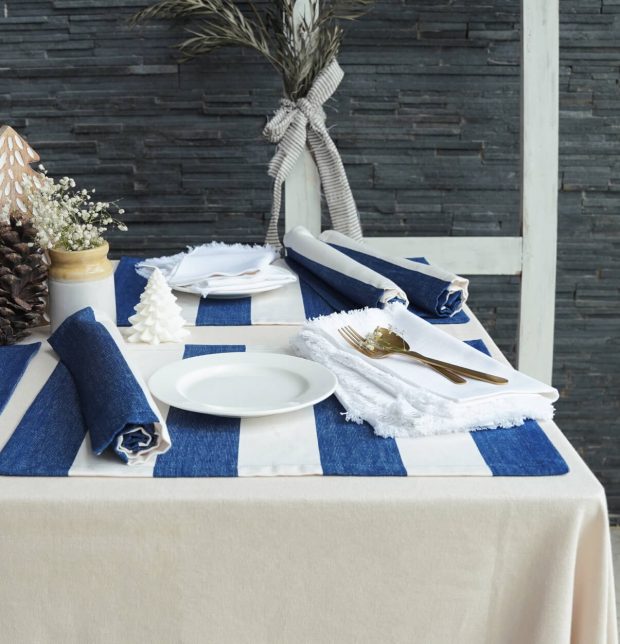 Cabana Stripes Blue Tablemats & White Napkins Combo