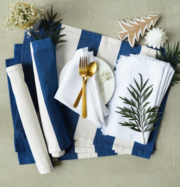 Cabana Stripes Blue Tablemats & White Napkins Combo