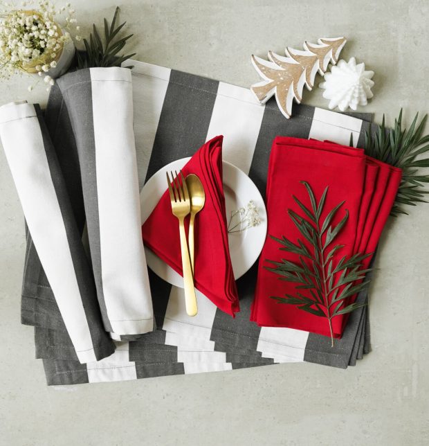 Cabana Stripes Grey Tablemats & Red Napkins Combo