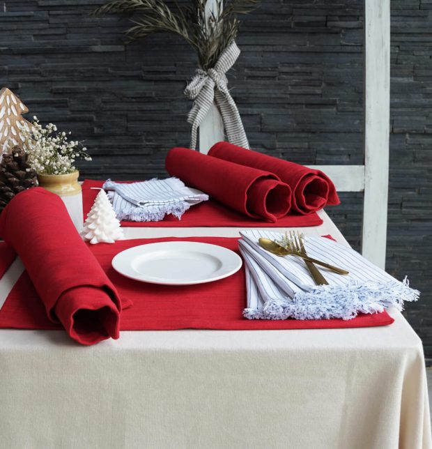 Cherry Red Tablemats & Stripe White/Blue Napkins Combo