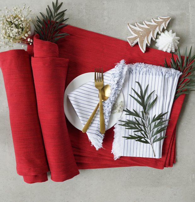 Cherry Red Tablemats & Stripe White/Blue Napkins Combo