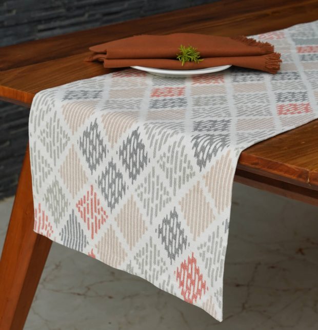 Ikat Beige Diamond Handwoven Cotton Table Runner