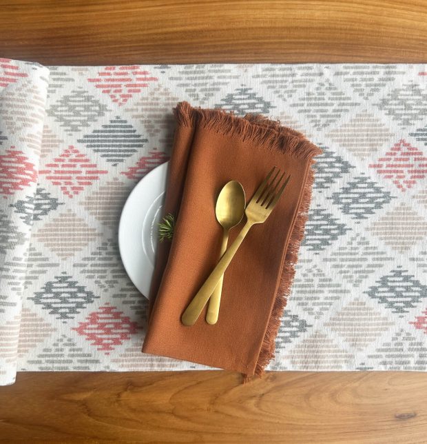 Ikat Beige Diamond Handwoven Cotton Table Runner