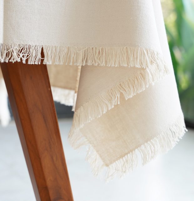 Solid Cotton Table Cloth with Fringes Soft Beige