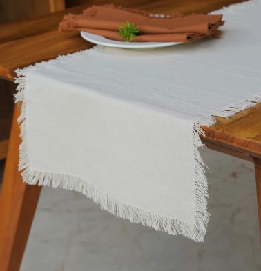 Solid Cotton Table Runner With Fringes Soft Beige