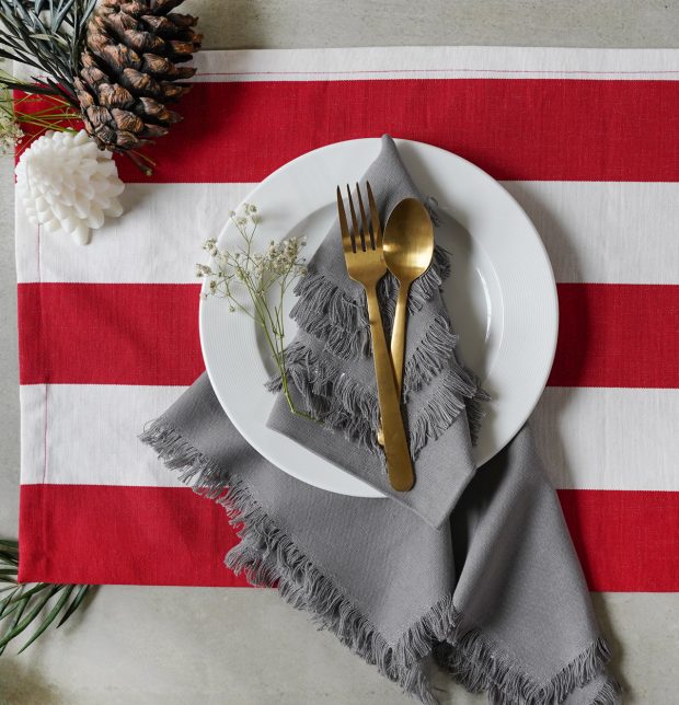 Table Runner Cabana Red Stripes & Solid Grey Napkins Combo