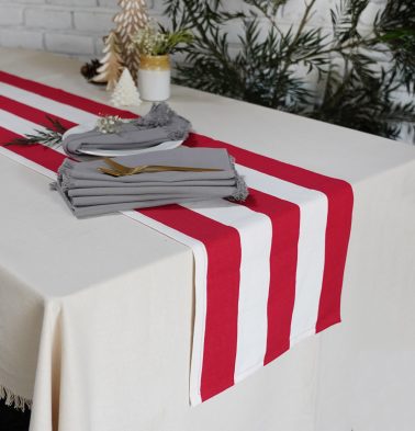 Table Runner Cabana Red Stripes & Solid Grey Napkins Combo