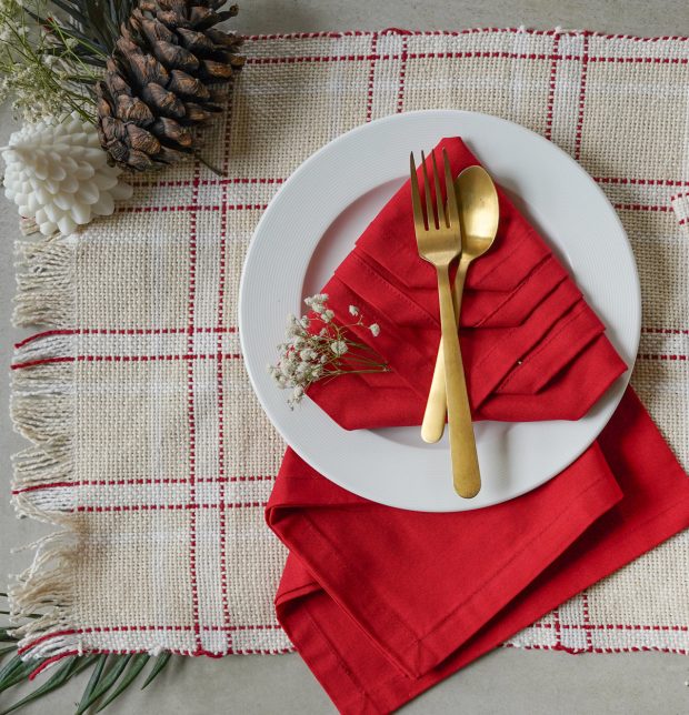 Table Runner Broad Checks Beige & Solid Red Napkin Combo