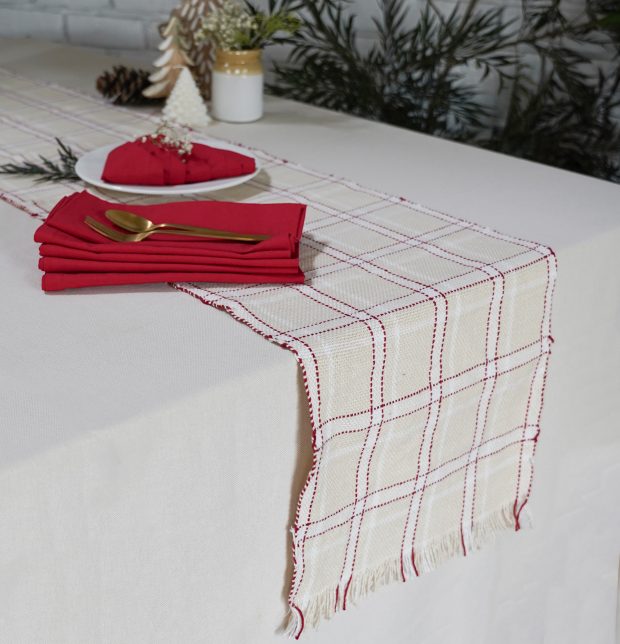 Table Runner Broad Checks Beige & Solid Red Napkin Combo