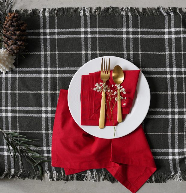 Table Runner Broad Checks Deep Green & Solid Red Napkin Combo