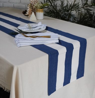 Table Runner Cabana Blue Stripes & Solid White/Blue Napkins Combo