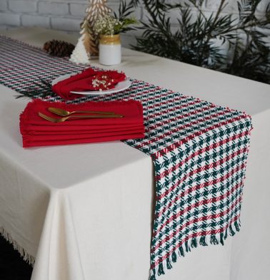 Table Runner Holiday Checks & Red Table Napkins Combo