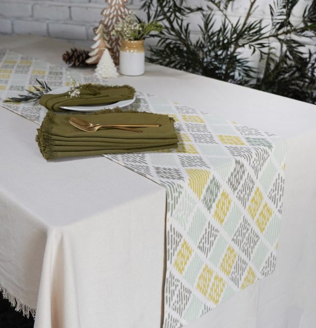 Table Runner Ikat Pastel & Olive Green Table Napkins Combo