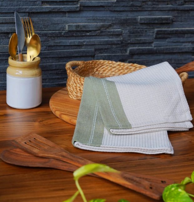 Honeycomb Cotton Kitchen Towel Beige / Green