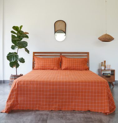 Lagom Chequered Cotton Bed Sheet Rust Orange / White – With 2 pillow covers