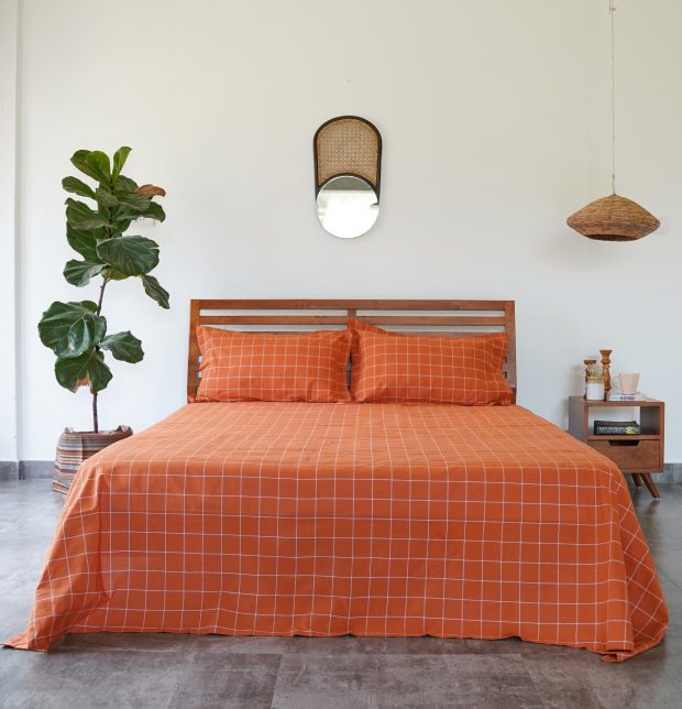 Lagom Chequered Cotton Bed Sheet Rust Orange / White - With 2 pillow covers