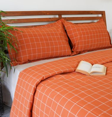 Customisable Lagom Chequered Duvet Cover Rust Orange / White