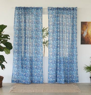 Customizable Slub Sheer Curtain, Cotton – Retro Circles – Blue