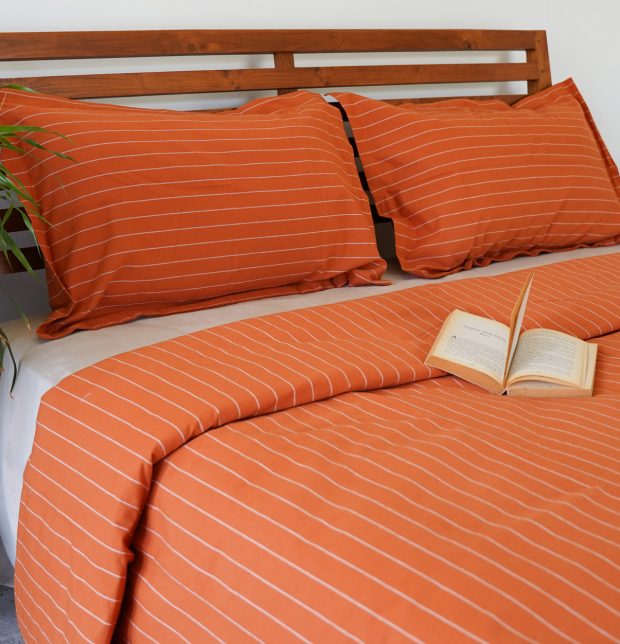 Customisable Silver Lining Striped Duvet Cover Rust Orange / White