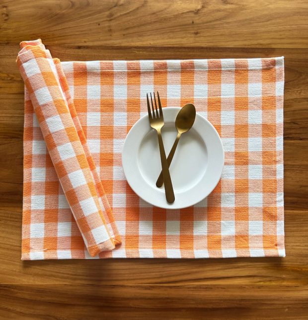 Handwoven Chequered Cotton Tablemats Orange - Set of 6