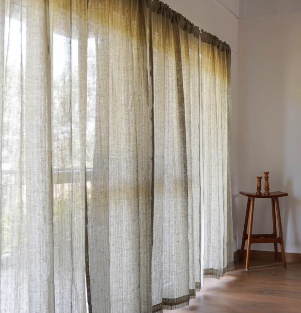 Customizable Linen Sheer Curtain - Twin Stripes - Beige/Green