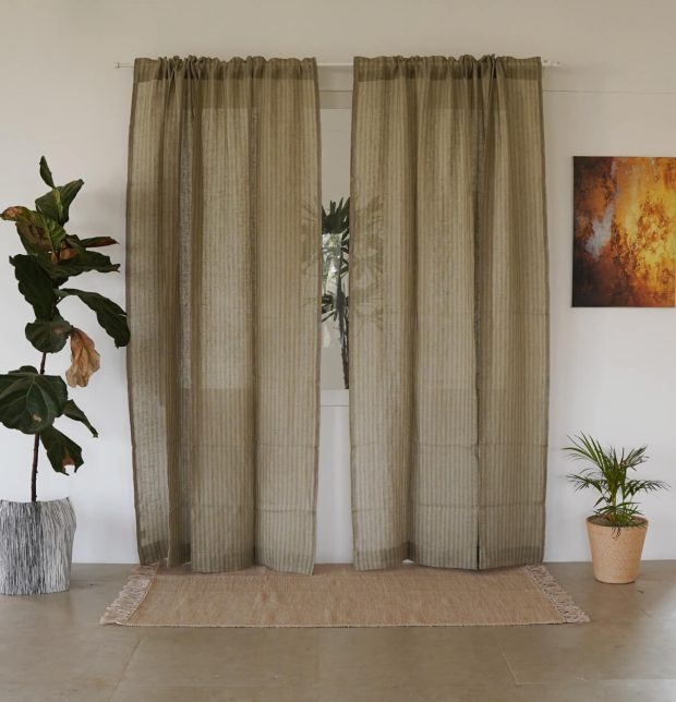 Customizable Linen Sheer Curtain - Twin Stripes - Beige/Green