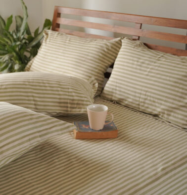Morning Stripe Cotton Bedsheet Green -With 2 pillow covers
